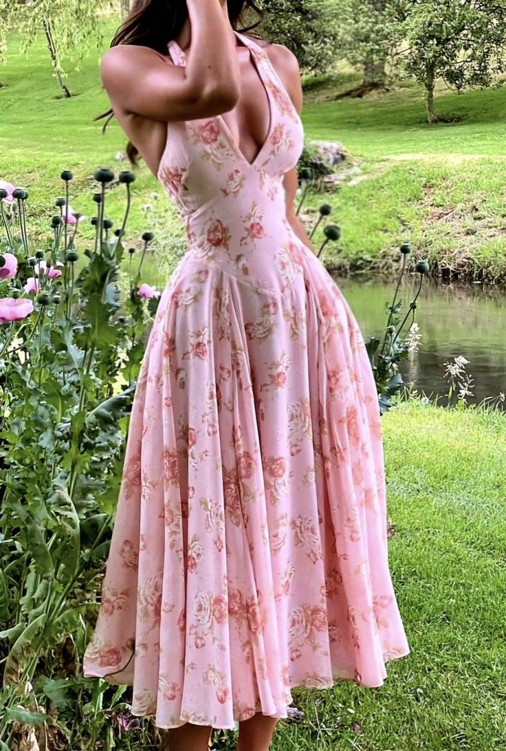 Deep V Neck Pink Floral Print Sleeveless Evening Prom Dresses        cg25442