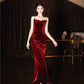 Burgundy Mermaid Velvet Vintage Evening Dresses,Sleeveless Party Gowns  cg25489