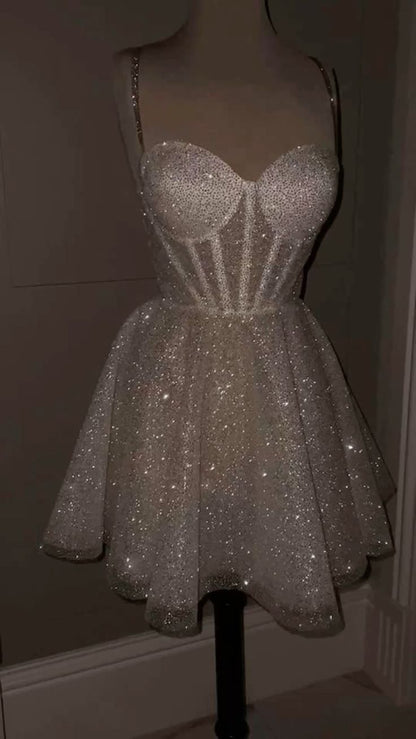 Cute A Line Spaghetti Straps White Sequin Mini Short Formal 8th Grade Homecoming Dresses Summer Middle School Homecoming Outfits      cg26012