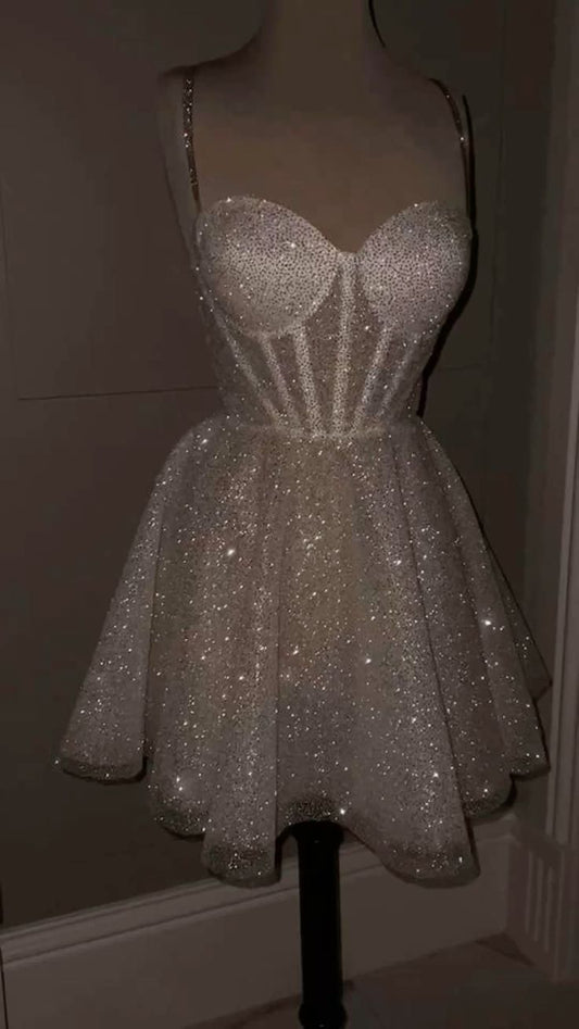 Cute A Line Spaghetti Straps White Sequin Mini Short Formal 8th Grade Homecoming Dresses Summer Middle School Homecoming Outfits      cg26012