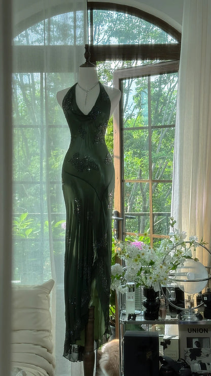 Green Halter Prom Party Dresses Unique Long Evening Dress Vintage Princess Dress   cg26004