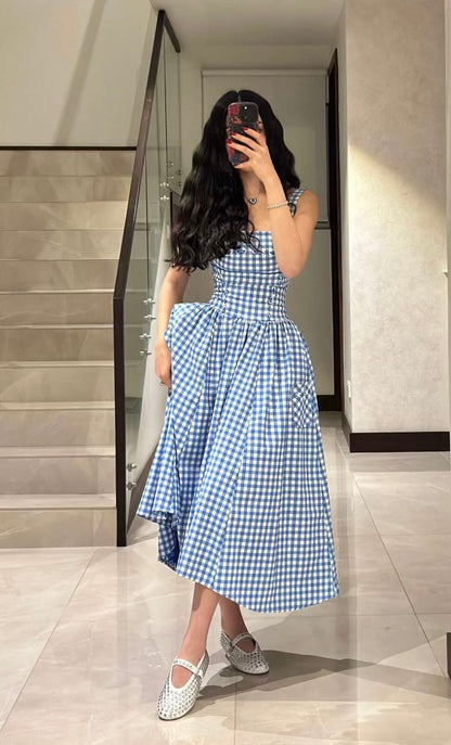 A-Line Blue and white plaid Prom Party Dresses Evening Dress    cg25868