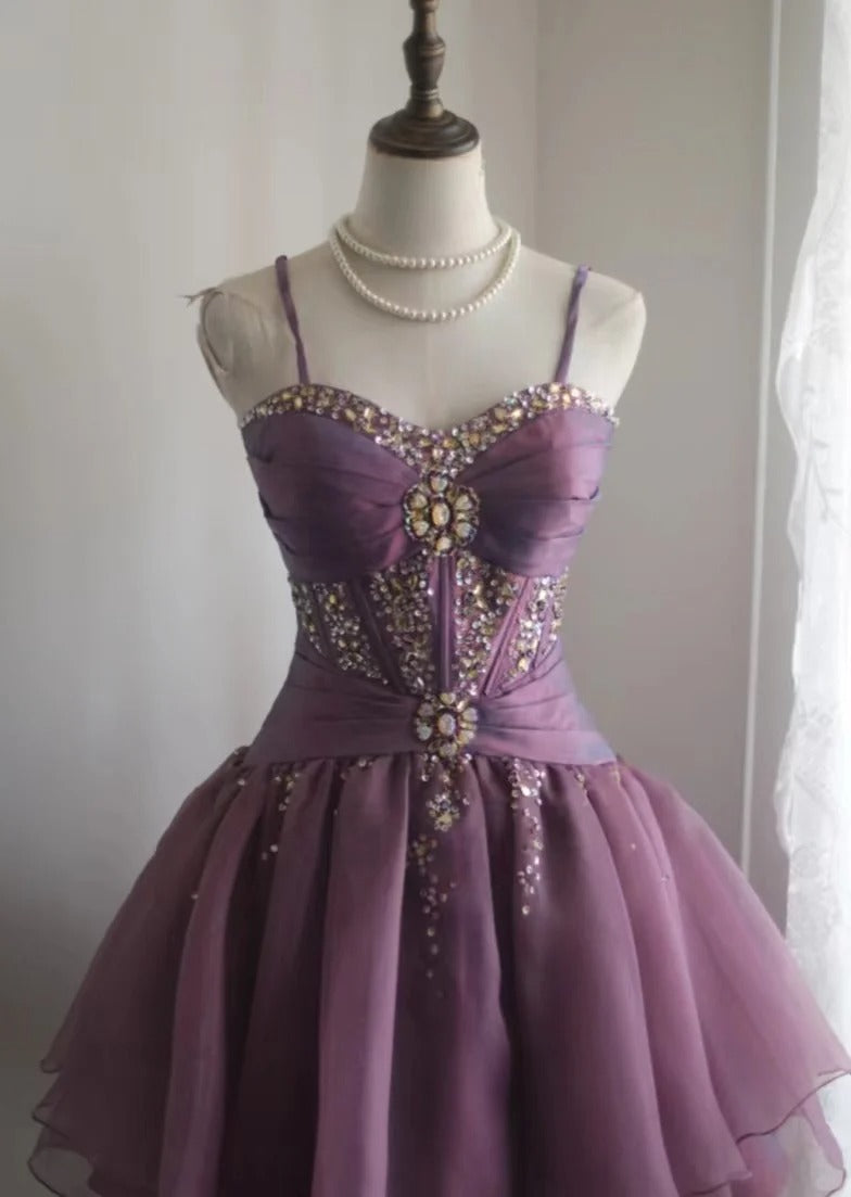 A Line Beaded Purple Short Party Dress Cocktail Dresses Homecoming Dress     cg25703