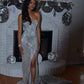 Sexy Mermaid Sweetheart Sweep Train Silver Sequined Prom Dress with Split, Long Prom Dress   cg17222