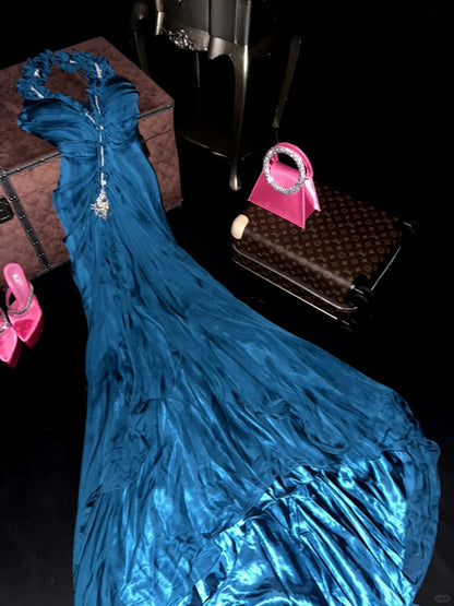 A Line Vintage Blue Halter Long Prom Party Dresses Unique Evening Dress   cg26069
