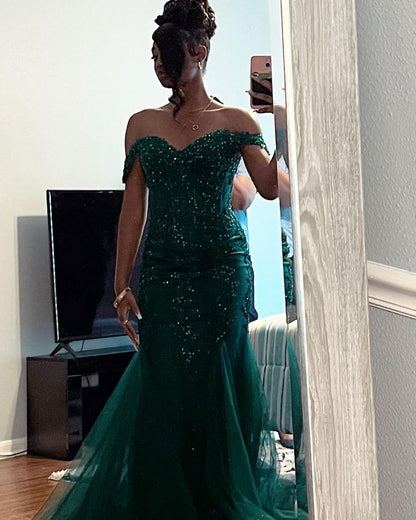 Emerald Green Tulle Mermaid Off Shoulder Prom Dress Long Evening Party Gowns    cg25850