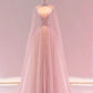 A Line Pink Tulle Sequin Evening Dress Prom Party Dress With Cape    cg25644