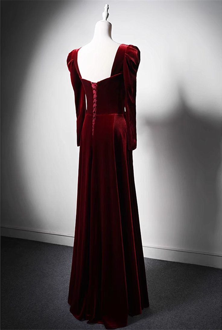 Elegantes weinrotes Samtkleid mit langen Ärmeln, formelles Hochzeitspartykleid cg25023