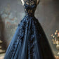 A Line Navy Blue Tulle High Neck Long Prom Dresses Charming Evening Dress    cg25368