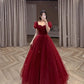 A Line Burgundy Tulle Prom Dresses, Short Sleeves Evening Dress, Long Formal Dress    cg25960