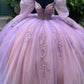 Elegantes Ballkleid mit schulterfreien langen Laternenärmeln und Applikationen aus Tüll mit Prinzessinnen-Print, Quinceanera-Kleid für Sweet 16, cg25641