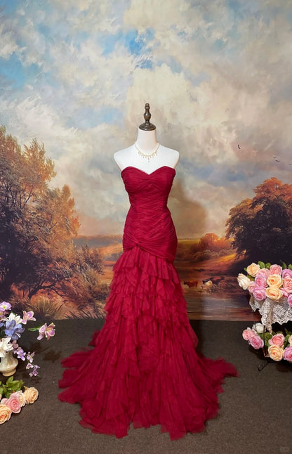 Burgundy Mermaid Tulle Strapless Evening Dress Long Prom Dress    cg25568