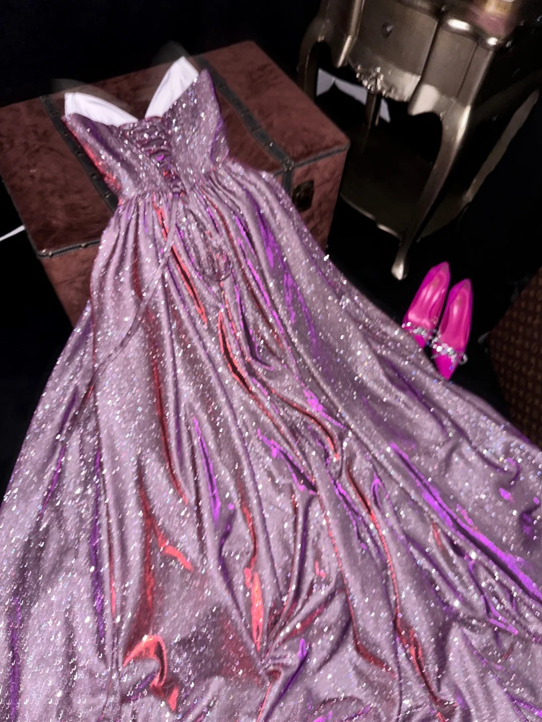 A Line Vintage Strapless Purple Shinny Long Prom Party Dresses Unique Evening Dress   cg26066