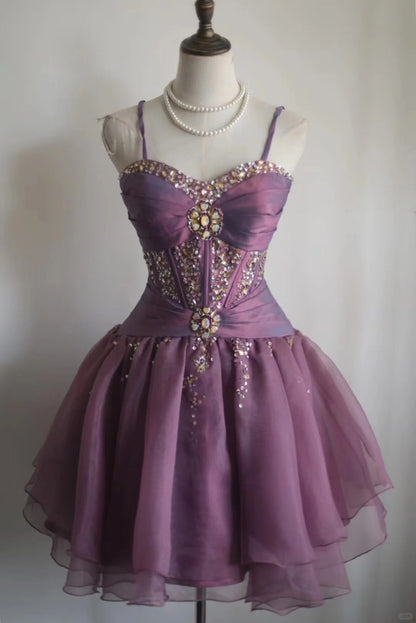 A Line Beaded Purple Short Party Dress Cocktail Dresses Homecoming Dress     cg25703