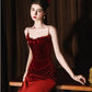 Burgundy Mermaid Velvet Vintage Evening Dresses,Sleeveless Party Gowns  cg25489