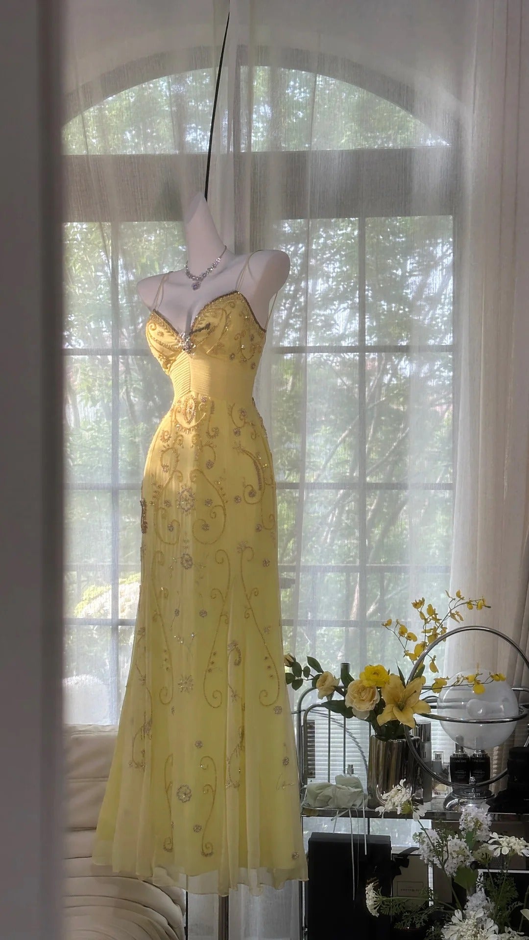 Yellow Beaded Evening Dress Unique Long Prom Dress    cg25572