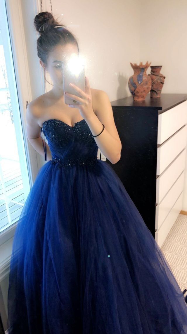 A Line Navy Blue Tulle Prom Party Dresses Unique Evening Dress Long Evening Dress   cg26044