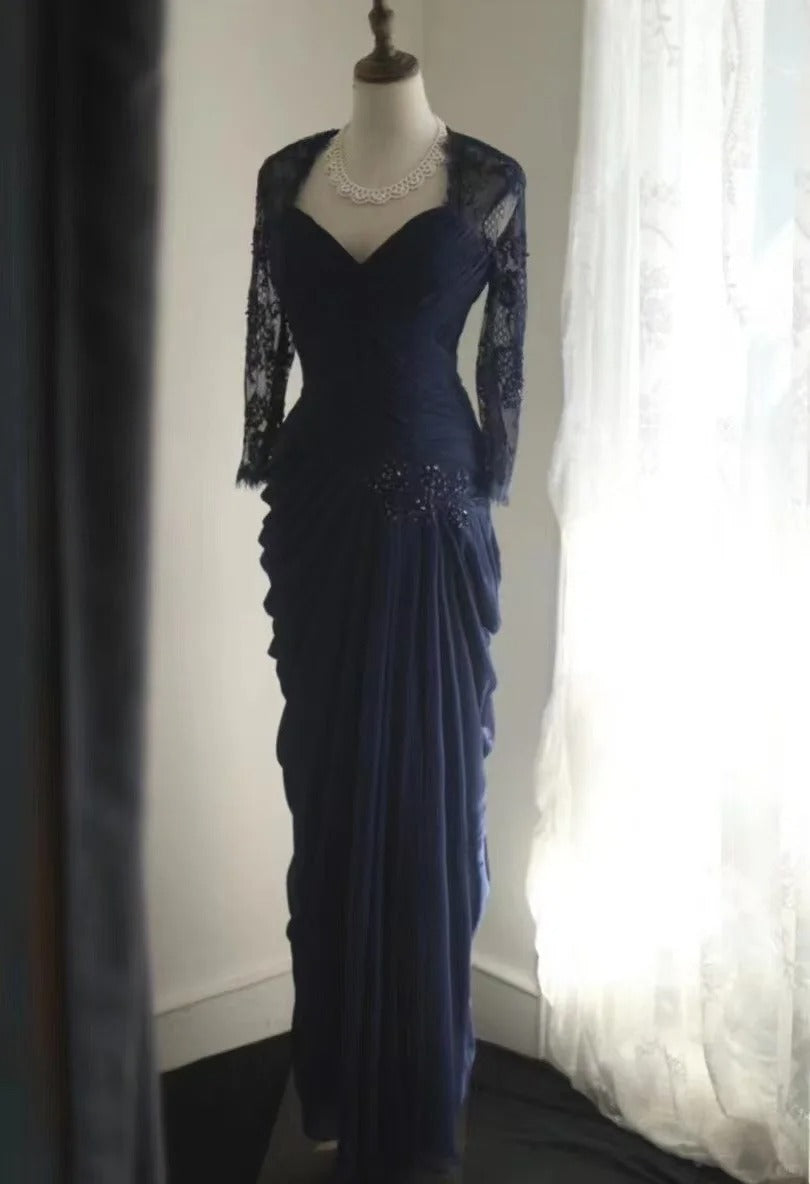 Navy Blue Lace Prom Dresses, Long Evening Dress Vintage Formal Dress    cg25978