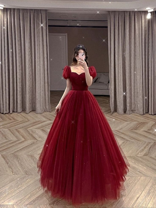 A Line Burgundy Tulle Prom Dresses, Short Sleeves Evening Dress, Long Formal Dress    cg25960