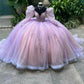 Elegantes Ballkleid mit schulterfreien langen Laternenärmeln und Applikationen aus Tüll mit Prinzessinnen-Print, Quinceanera-Kleid für Sweet 16, cg25641