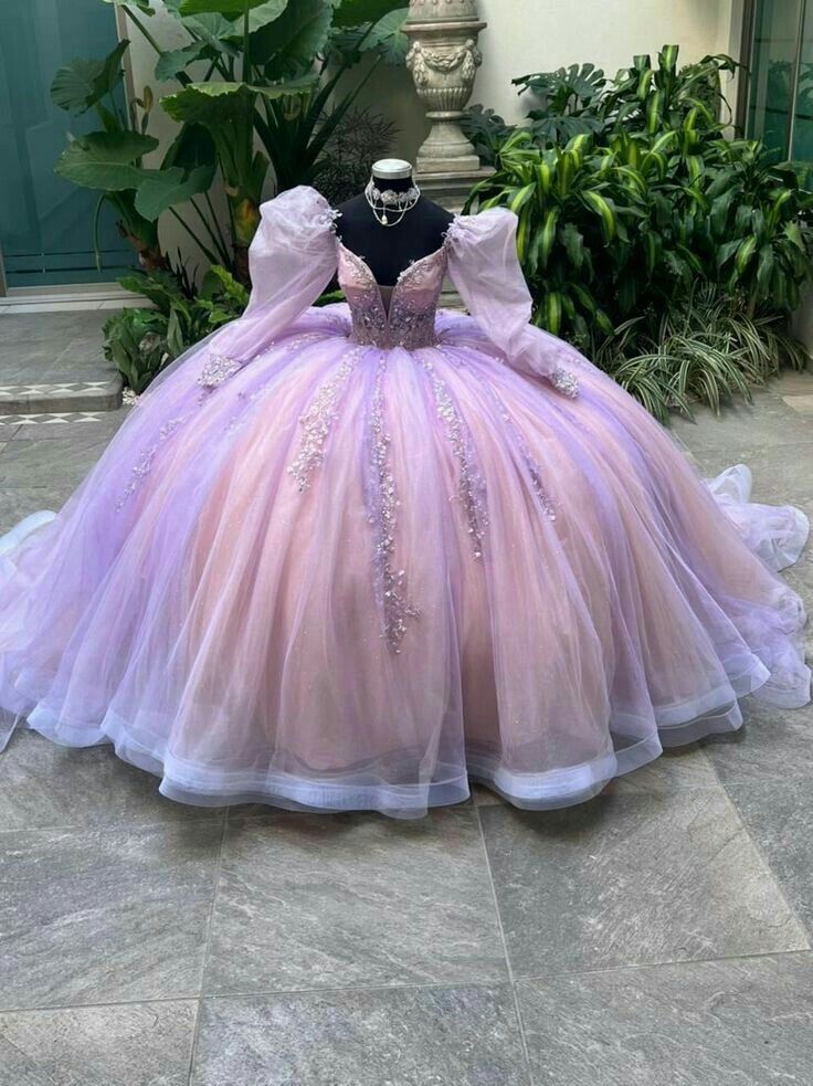 Elegantes Ballkleid mit schulterfreien langen Laternenärmeln und Applikationen aus Tüll mit Prinzessinnen-Print, Quinceanera-Kleid für Sweet 16, cg25641