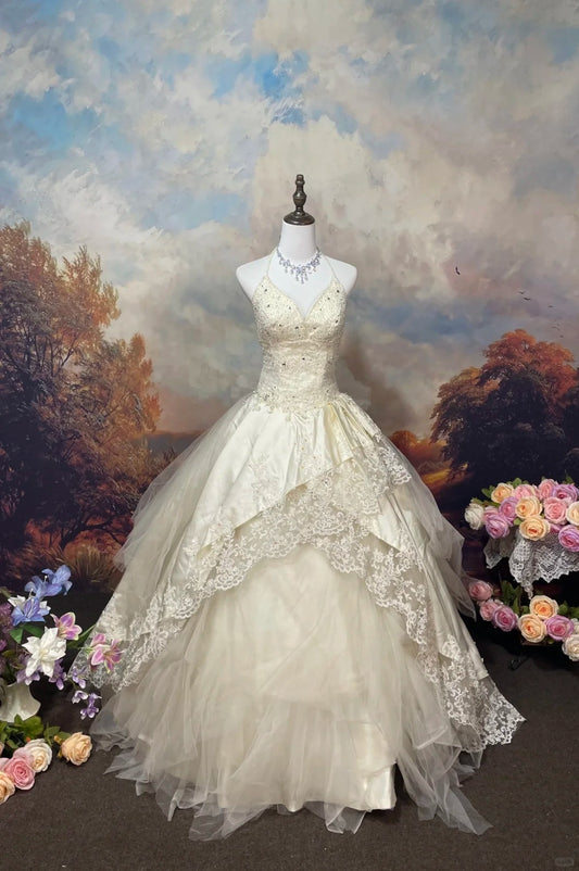 A Line Tulle Lace V Neck Wedding Dresses, Sleeveless Party Gowns  cg25564