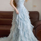 Blue Mermaid Vintage Tulle Long Evening Dresses,Sleeveless Party Gowns  cg25484
