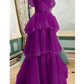 Off The Shoulder Tulle Tiered Long Prom Dress, A Line Evening Gown   cg24857