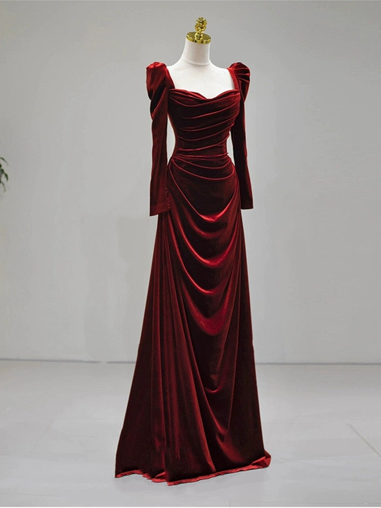 Elegantes weinrotes Samtkleid mit langen Ärmeln, formelles Hochzeitspartykleid cg25023