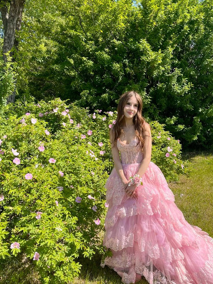 Pretty A-Line Straps Pink Lace Long Prom Dresses Formal Evening Dress    cg25860