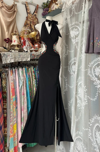 A Line Black Halter Vintage Long Party Dress Evening Dress Prom Dresses     cg25750