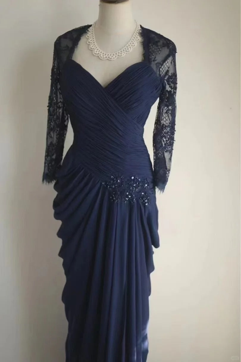 Navy Blue Lace Prom Dresses, Long Evening Dress Vintage Formal Dress    cg25978
