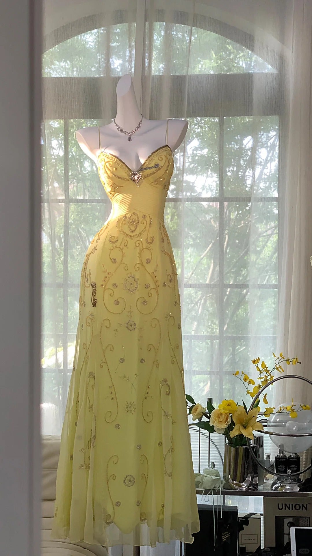 Yellow Beaded Evening Dress Unique Long Prom Dress    cg25572