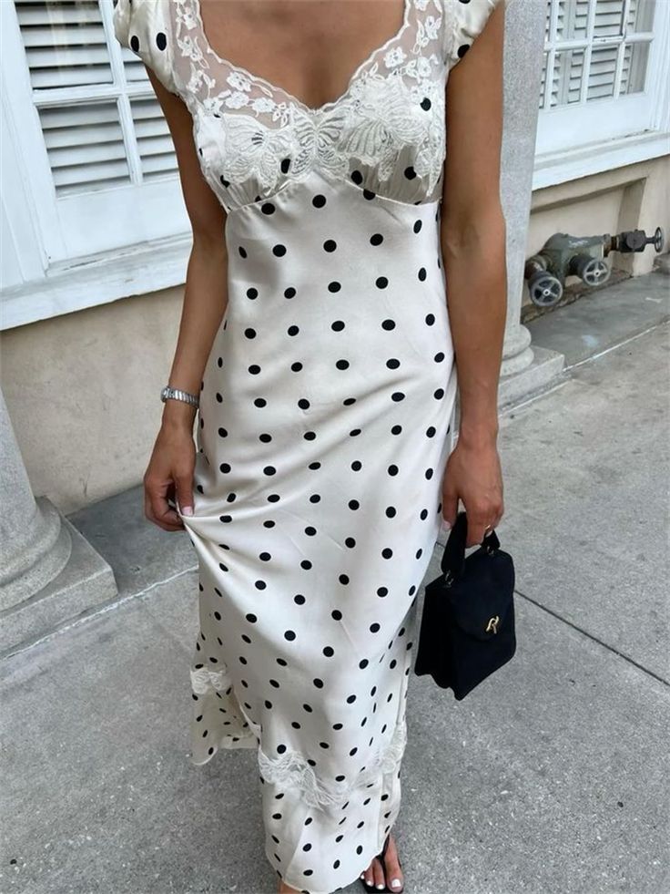 Lace Patchwork Satin Polka Dot A-Line Maxi Dress for Women Elegant Chic Birthday Party Outfit Evening Dress    cg25820