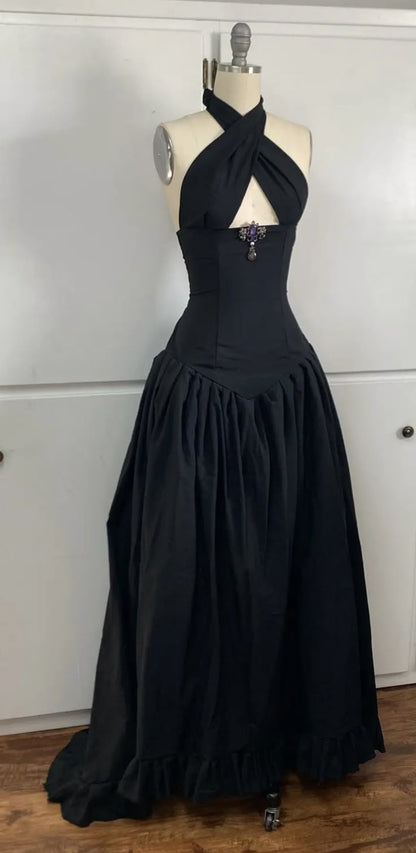 A Line Black Halter Evening Dresses, Sleeveless Long Prom Party Gowns  cg25559
