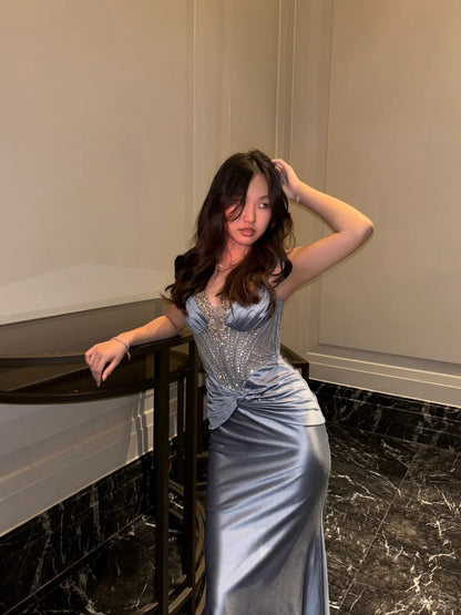 Gray Mermaid Long Vintage Prom Party Dresses Unique Evening Dress   cg26054