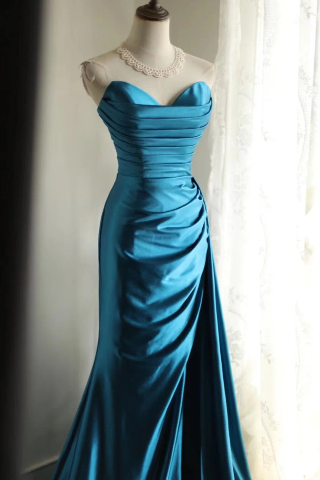 Blue Satin Simple Prom Party Dresses Unique Long Evening Dress   cg25944