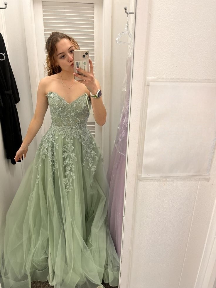 A Line Sage Green Tulle Evening Dress Long Prom Party Dress    cg25638