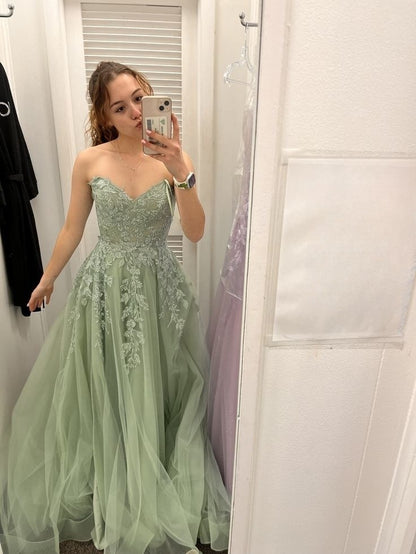 A Line Sage Green Tulle Evening Dress Long Prom Party Dress    cg25638