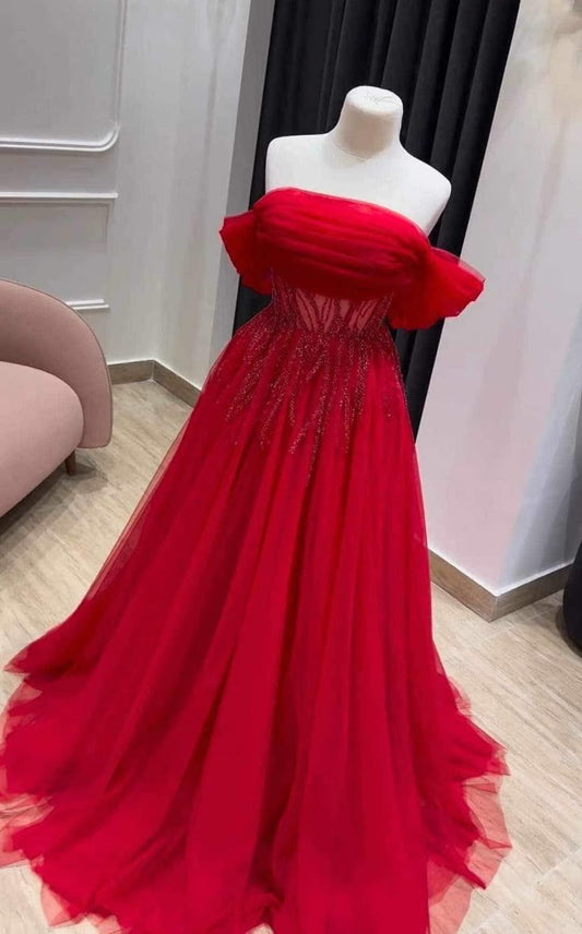 Red Off Shoulder Prom Party Dresses Unique Evening Dress Vintage Long Dress  cg26029