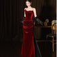 Burgundy Mermaid Velvet Vintage Evening Dresses,Sleeveless Party Gowns  cg25489