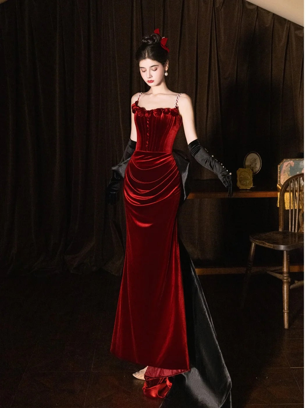 Burgundy Mermaid Velvet Vintage Evening Dresses,Sleeveless Party Gowns  cg25489
