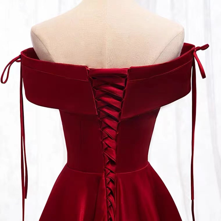 A-Line Burgundy Satin Off the Shoulder Prom Dress    cg19183
