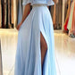 A line off shoulder split front blue chiffon prom dress with beading belt cg446