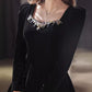 Beautiful A line Long Sleeves Black Velvet Long Prom Dress      cg25136