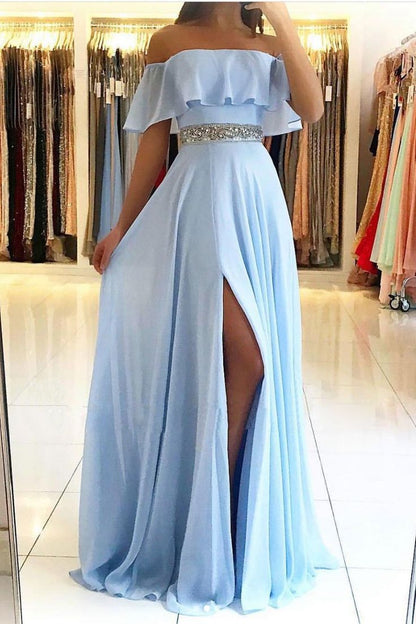 A line off shoulder split front blue chiffon prom dress with beading belt cg446