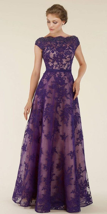 Elegant Floor Length Evening Dress, Bateau neckline Tulle Lace Appliques Mother of Bride Dress, A Line Prom Dress cg1168