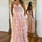 Lace Up Long Tiered Chiffon Prom Dress With Slit       cg25144