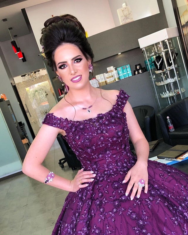 Elegant Purple Lace Ball Gown Off The Shoulder Quinceanera prom Dress For Sweet 16    cg19726