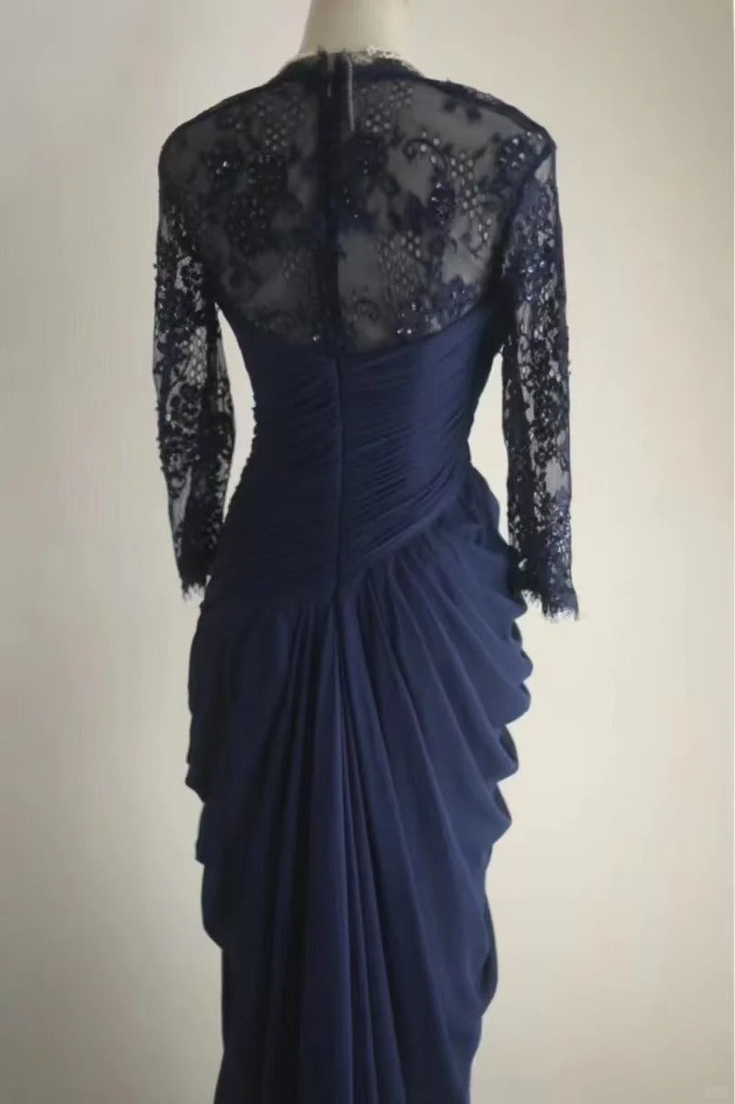 Navy Blue Lace Prom Dresses, Long Evening Dress Vintage Formal Dress    cg25978